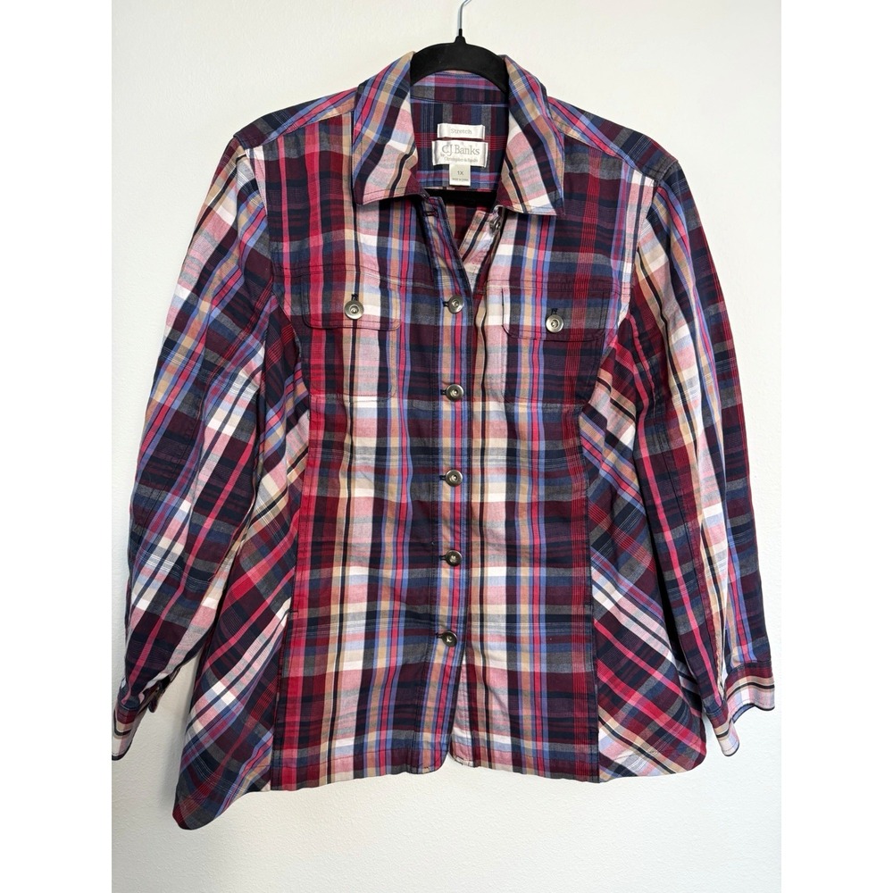C.J. Banks Plus Size 1X Multicolor Plaid Stretch Woven Button Down Long Sleeve
